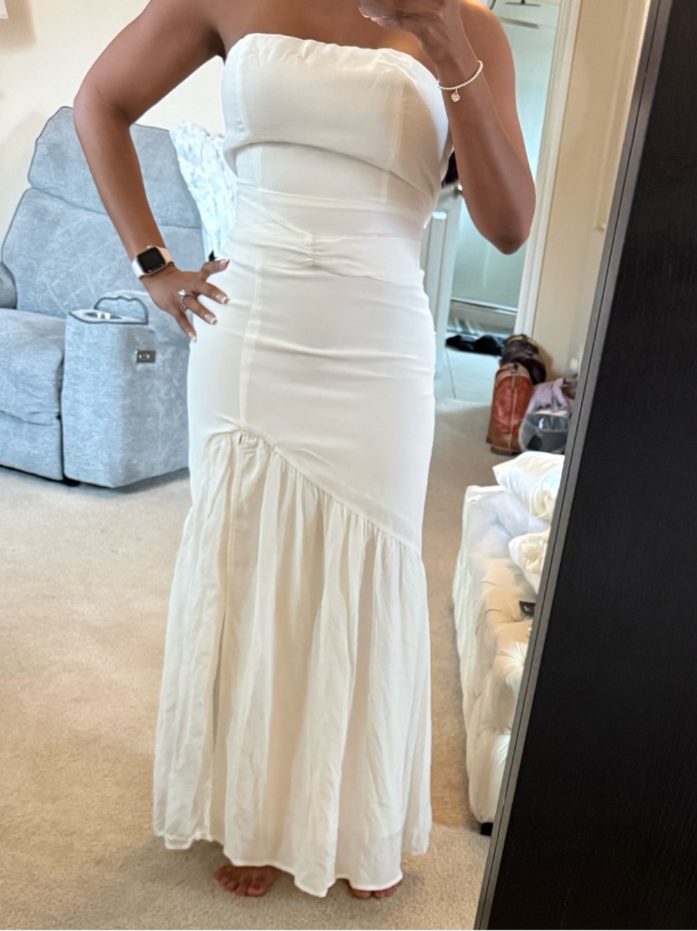 Lulu's Strapless White Maxi Dress with Flared Hem
